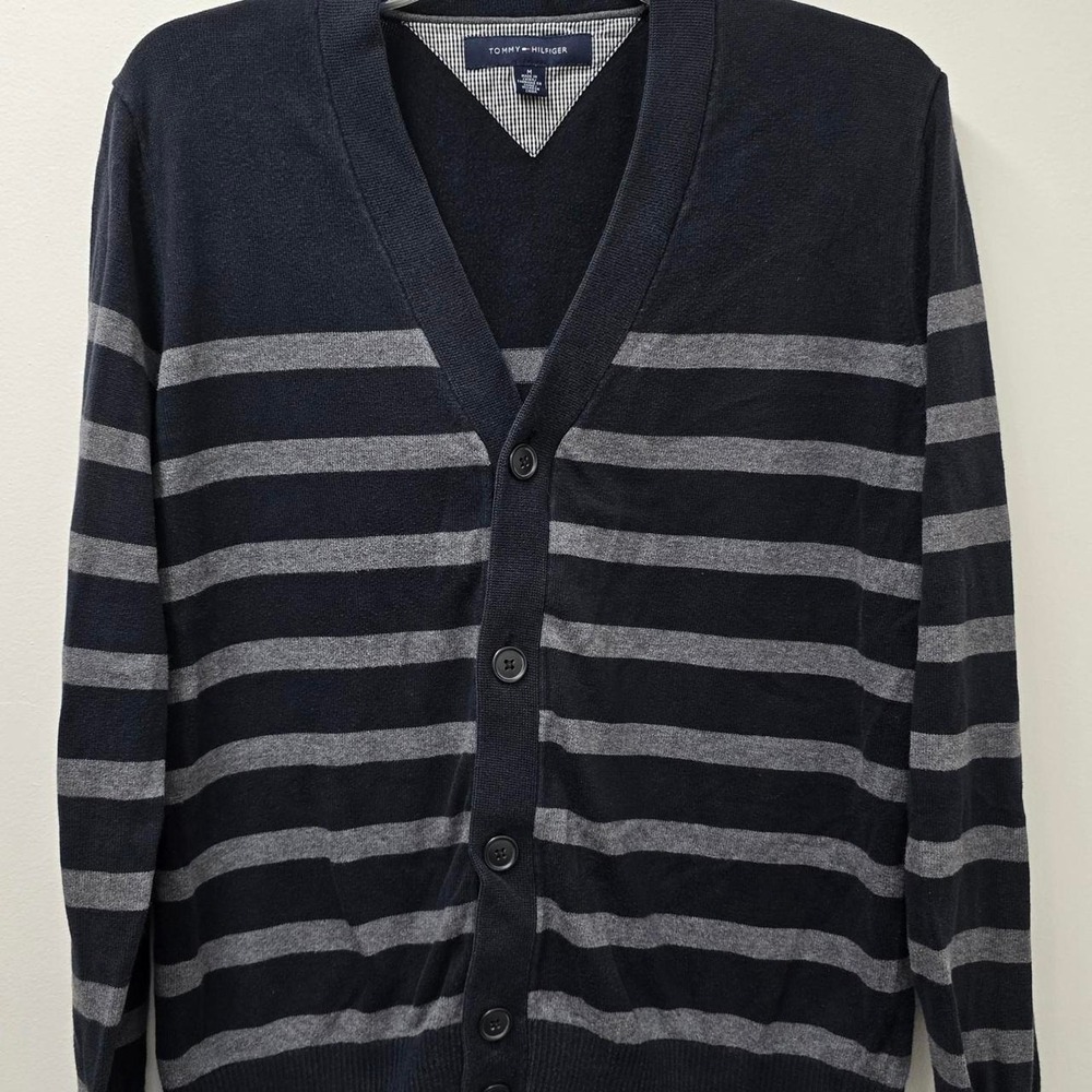 Tommy Hilfiger gray and navy striped cardigan in size M